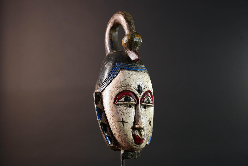 African mask Guro tribe white face carved wood with red eyes black crest and geometric cheek patterns tribal wall art home decor-G5543