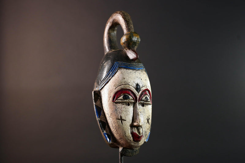 African mask Guro tribe white face carved wood with red eyes black crest and geometric cheek patterns tribal wall art home decor-G5543