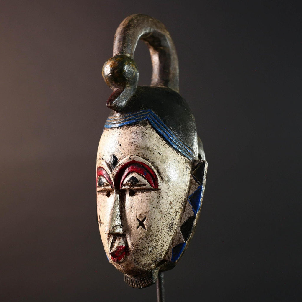 African mask Guro tribe white face carved wood with red eyes black crest and geometric cheek patterns tribal wall art home decor-G5543