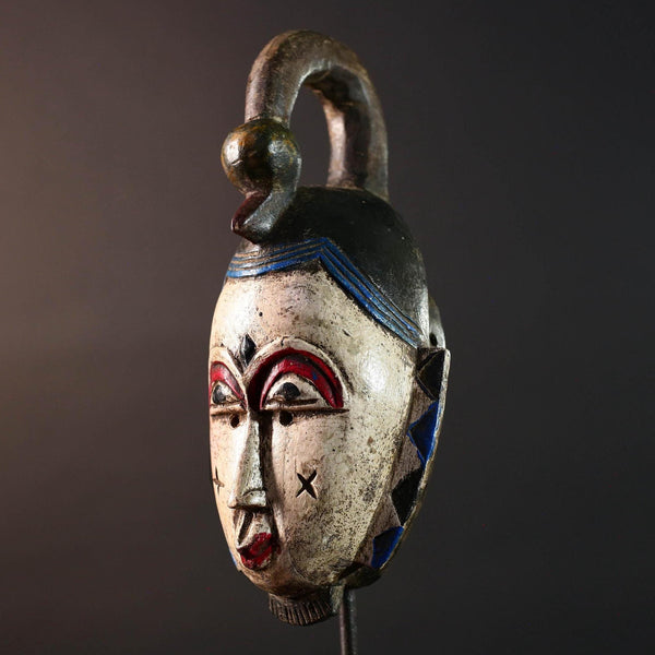 African mask Guro tribe white face carved wood with red eyes black crest and geometric cheek patterns tribal wall art home decor-G5543