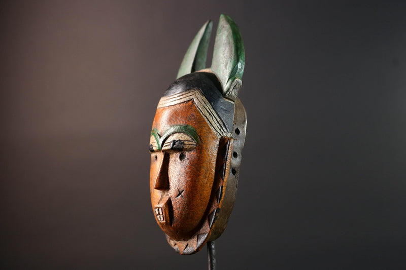 African mask Guro tribe orange face wall sculpture with green horn crest carved tribal cheek marks ethnic wood home art decor-G5542