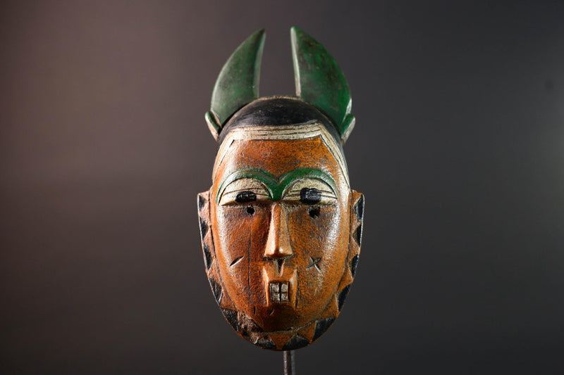 African mask Guro tribe orange face wall sculpture with green horn crest carved tribal cheek marks ethnic wood home art decor-G5542