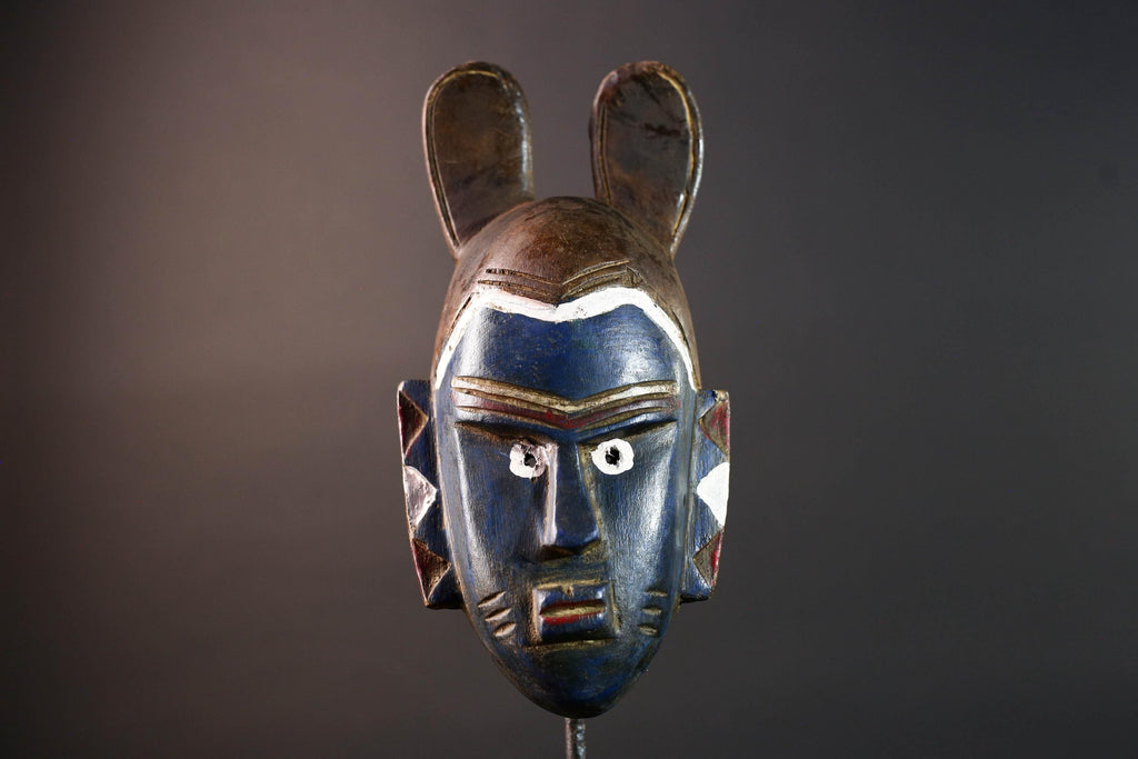 African mask Guro tribe blue face carved wood with white eyes animal crest and geometric ear panels tribal wall decor home art-G5541