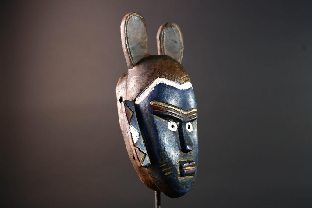 African mask Guro tribe blue face carved wood with white eyes animal crest and geometric ear panels tribal wall decor home art-G5541