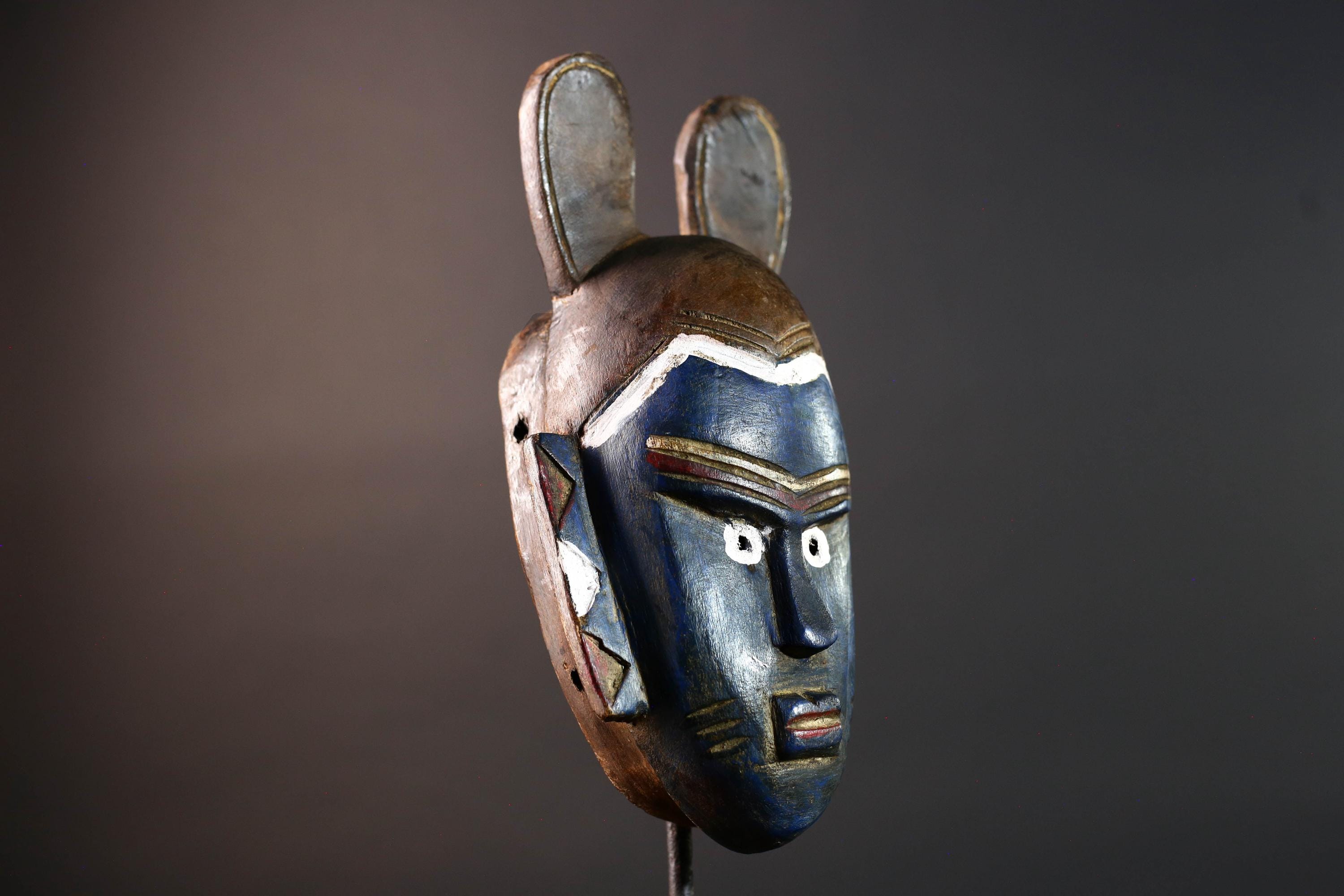 African mask Guro tribe blue face carved wood with white eyes animal crest and geometric ear panels tribal wall decor home art-G5541
