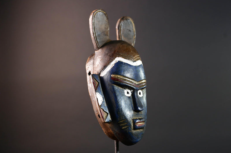 African mask Guro tribe blue face carved wood with white eyes animal crest and geometric ear panels tribal wall decor home art-G5541