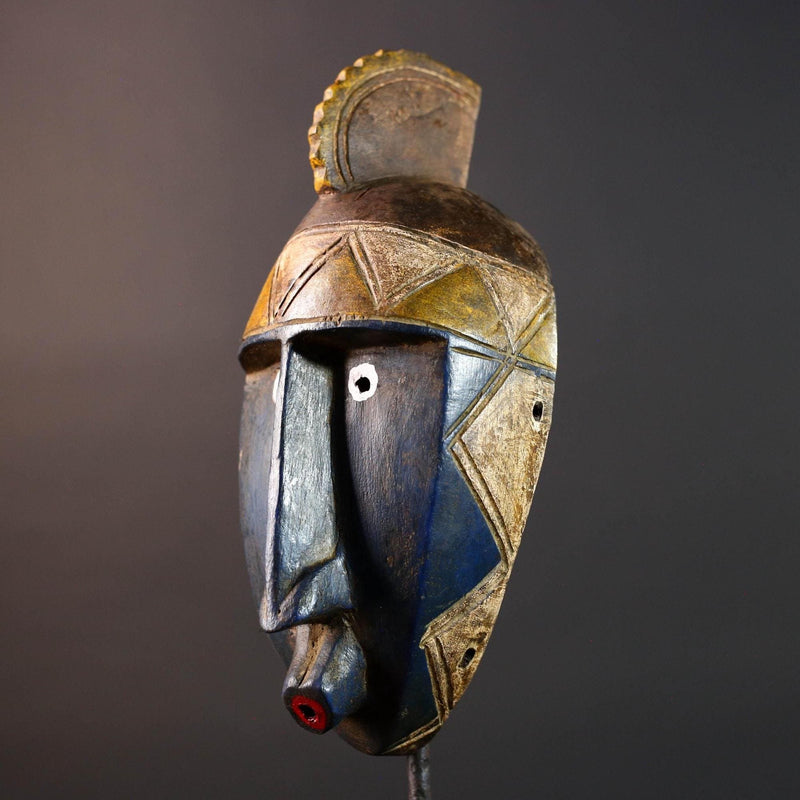 African mask Bwa tribe blue face wall decor with carved triangular crown and bold geometric features tribal wood art home sculpture-G5540