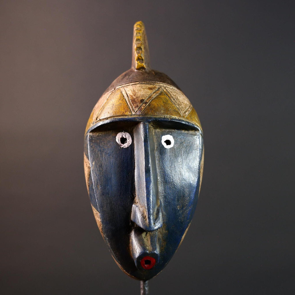 African mask Bwa tribe blue face wall decor with carved triangular crown and bold geometric features tribal wood art home sculpture-G5540