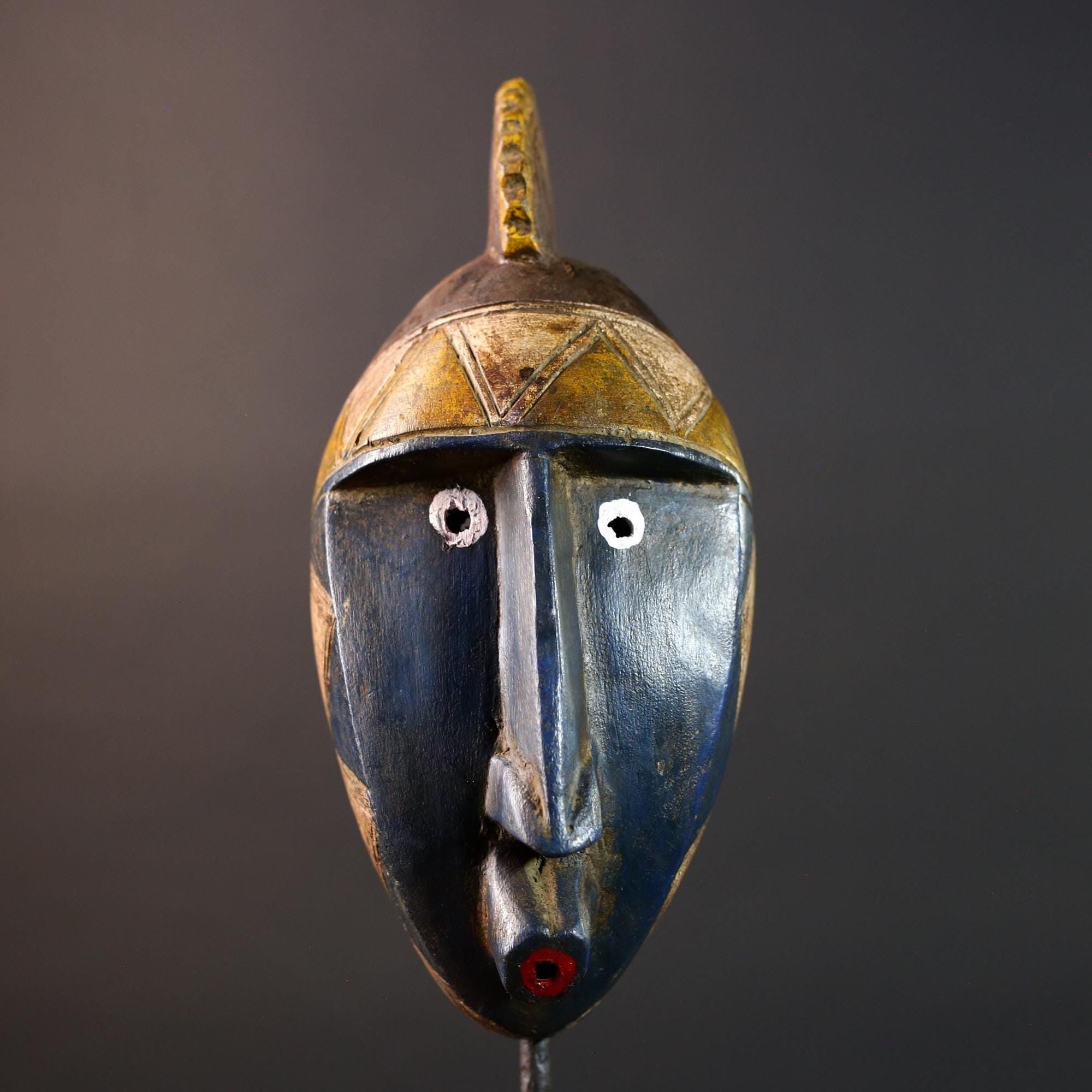 African mask Bwa tribe blue face wall decor with carved triangular crown and bold geometric features tribal wood art home sculpture-G5540