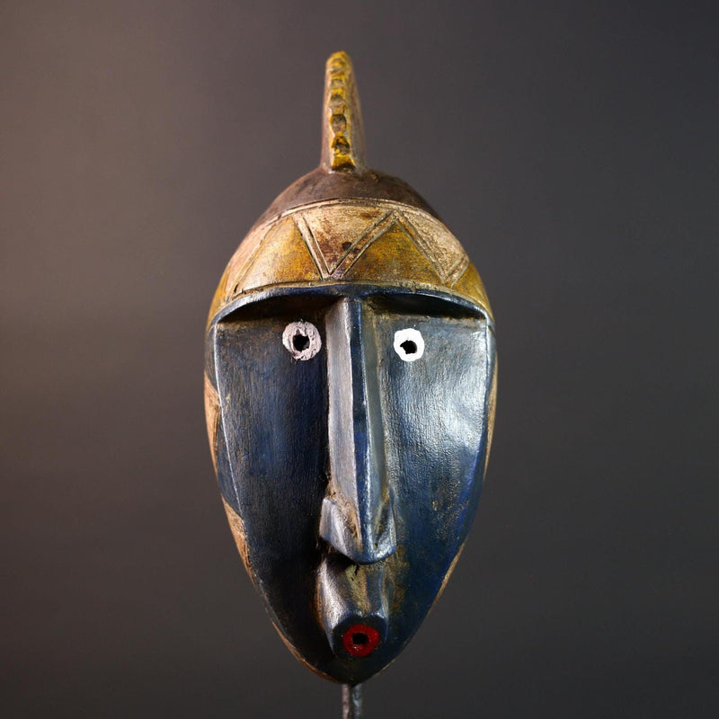 African mask Bwa tribe blue face wall decor with carved triangular crown and bold geometric features tribal wood art home sculpture-G5540