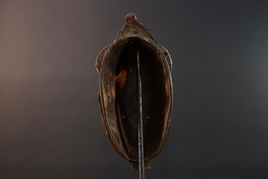 African mask Baule tribe yellow face carved wood with almond eyes rounded side buns geometric cheeks and central crest wall decor-G5539