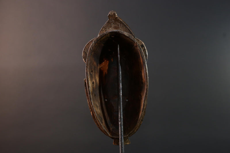African mask Baule tribe yellow face carved wood with almond eyes rounded side buns geometric cheeks and central crest wall decor-G5539