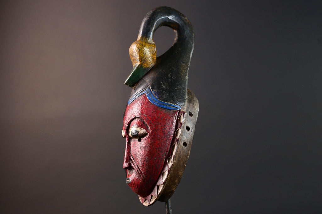 African mask Guro tribe red face carved wood with bird crest white eyes and textured surface tribal home wall art geometric decor-G5538