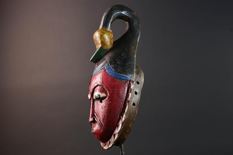 African mask Guro tribe red face carved wood with bird crest white eyes and textured surface tribal home wall art geometric decor-G5538