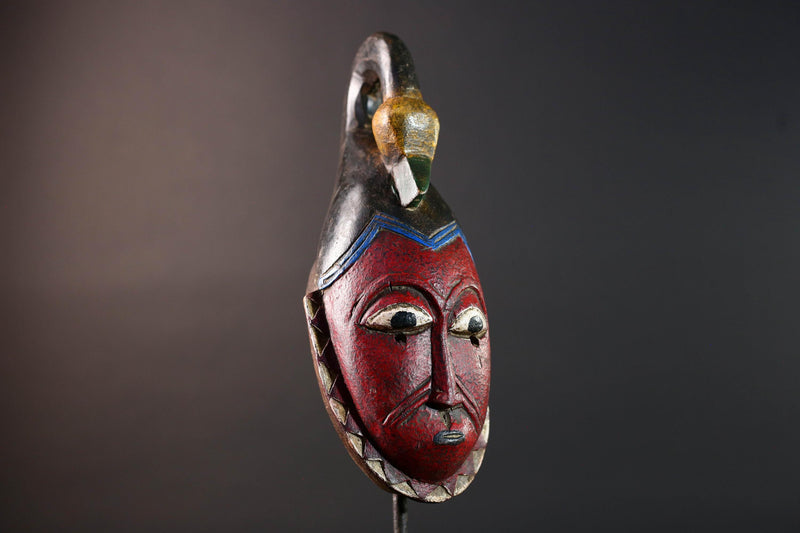 African mask Guro tribe red face carved wood with bird crest white eyes and textured surface tribal home wall art geometric decor-G5538