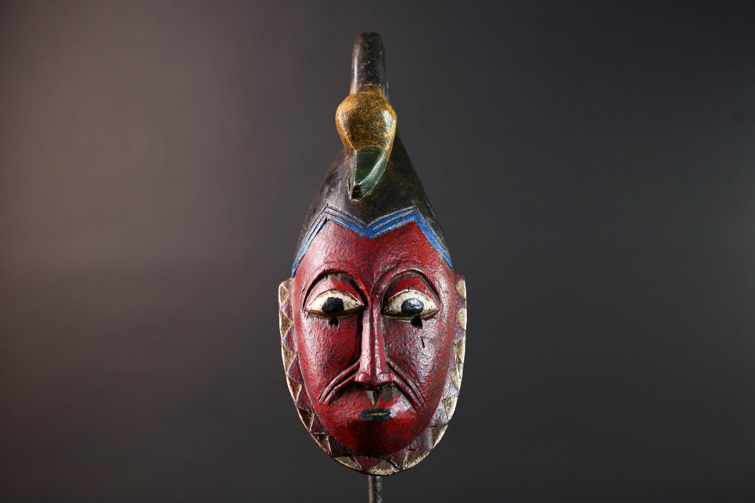 African mask Guro tribe red face carved wood with bird crest white eyes and textured surface tribal home wall art geometric decor-G5538
