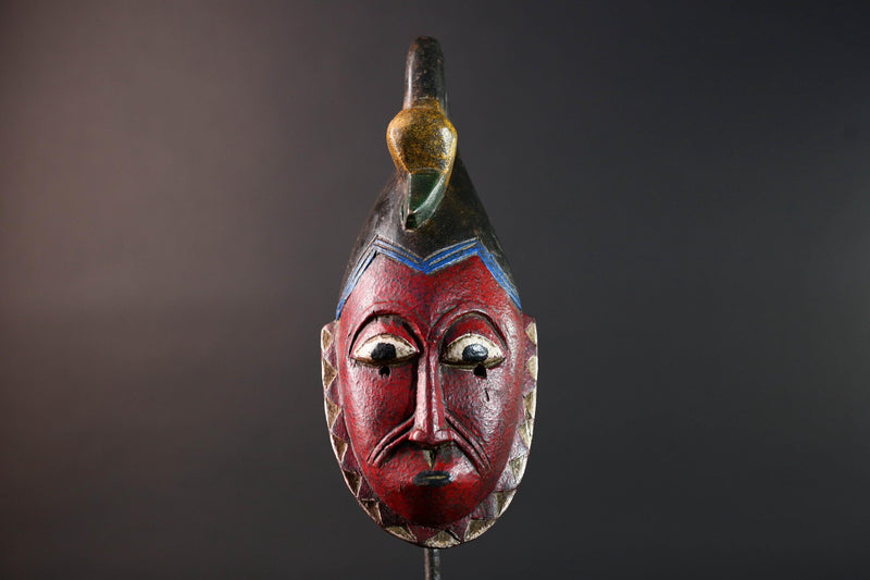 African mask Guro tribe red face carved wood with bird crest white eyes and textured surface tribal home wall art geometric decor-G5538