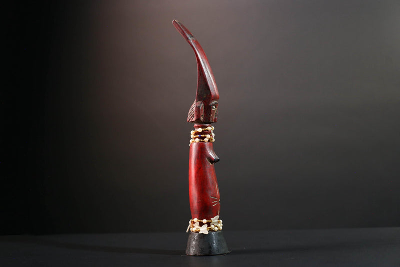 African tribal staff sculpture Chokwe red carved figure with beads spiritual female form ritual carving African wall display art- G5555