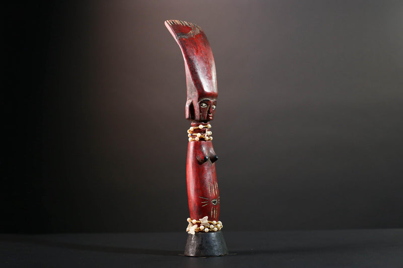 African tribal staff sculpture Chokwe red carved figure with beads spiritual female form ritual carving African wall display art- G5555