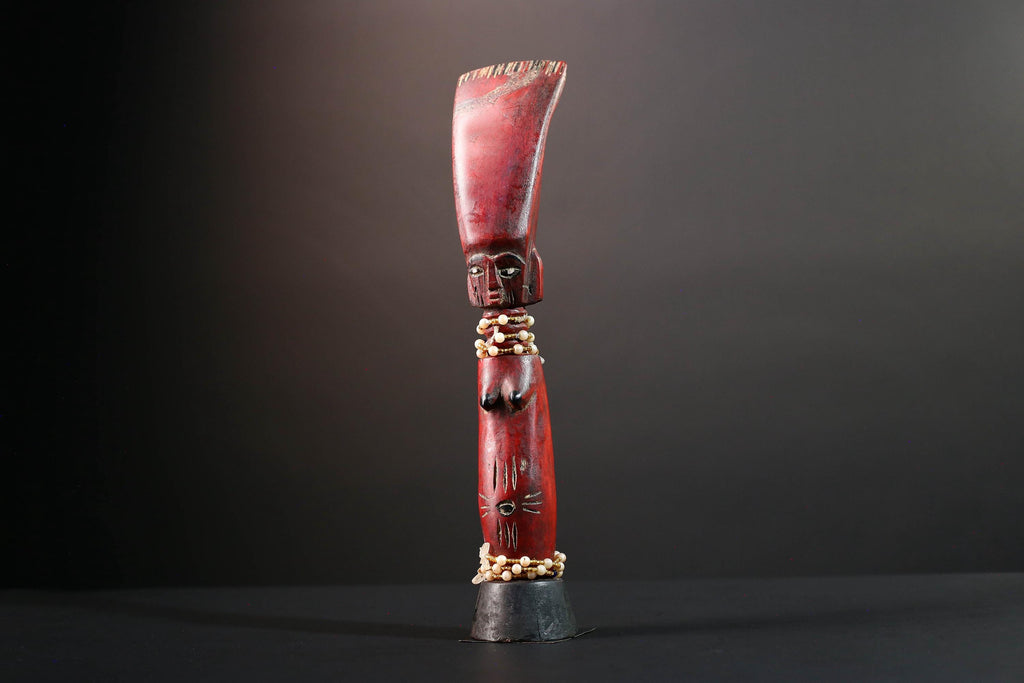 African tribal staff sculpture Chokwe red carved figure with beads spiritual female form ritual carving African wall display art- G5555