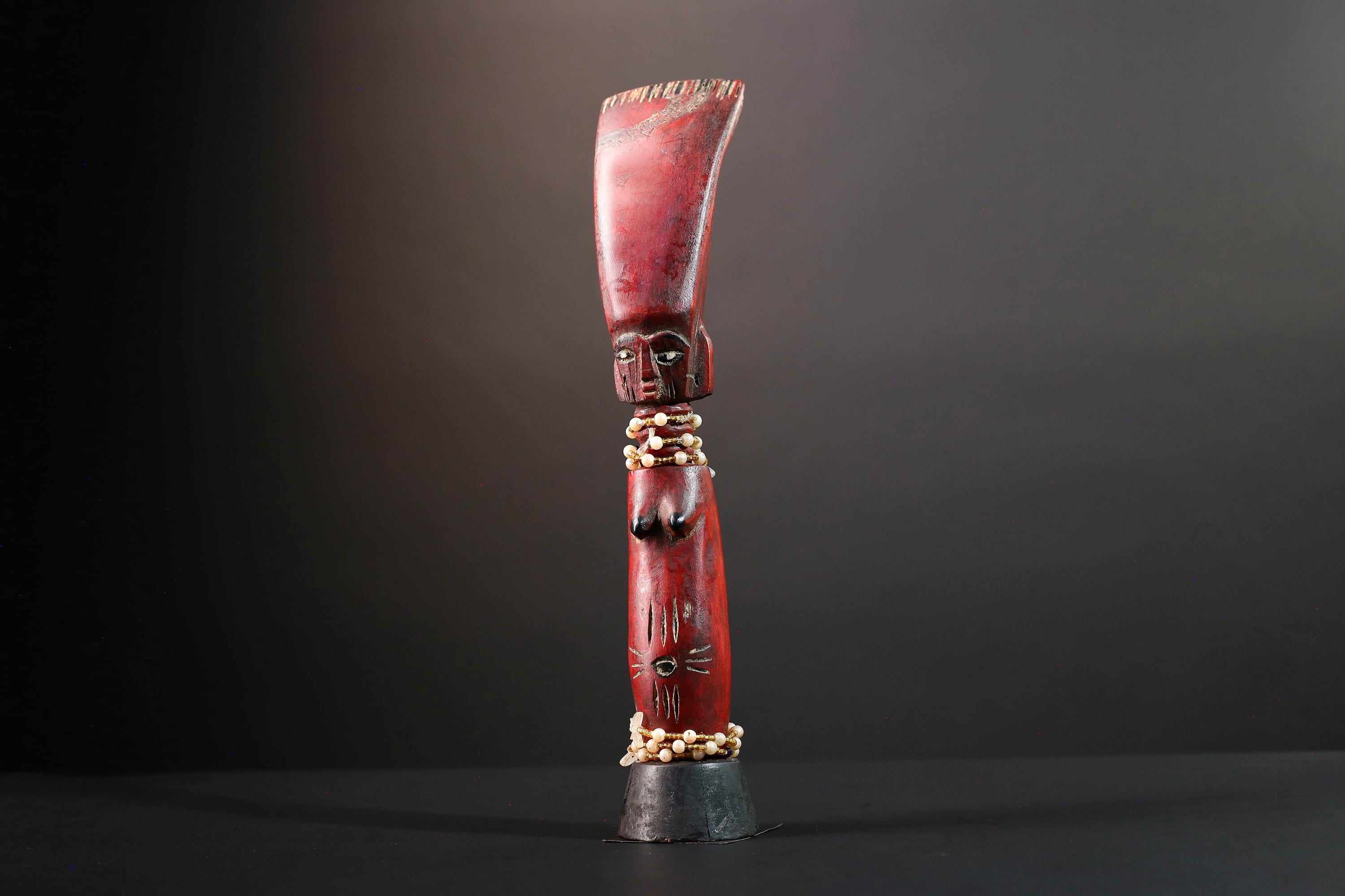 African tribal staff sculpture Chokwe red carved figure with beads spiritual female form ritual carving African wall display art- G5555