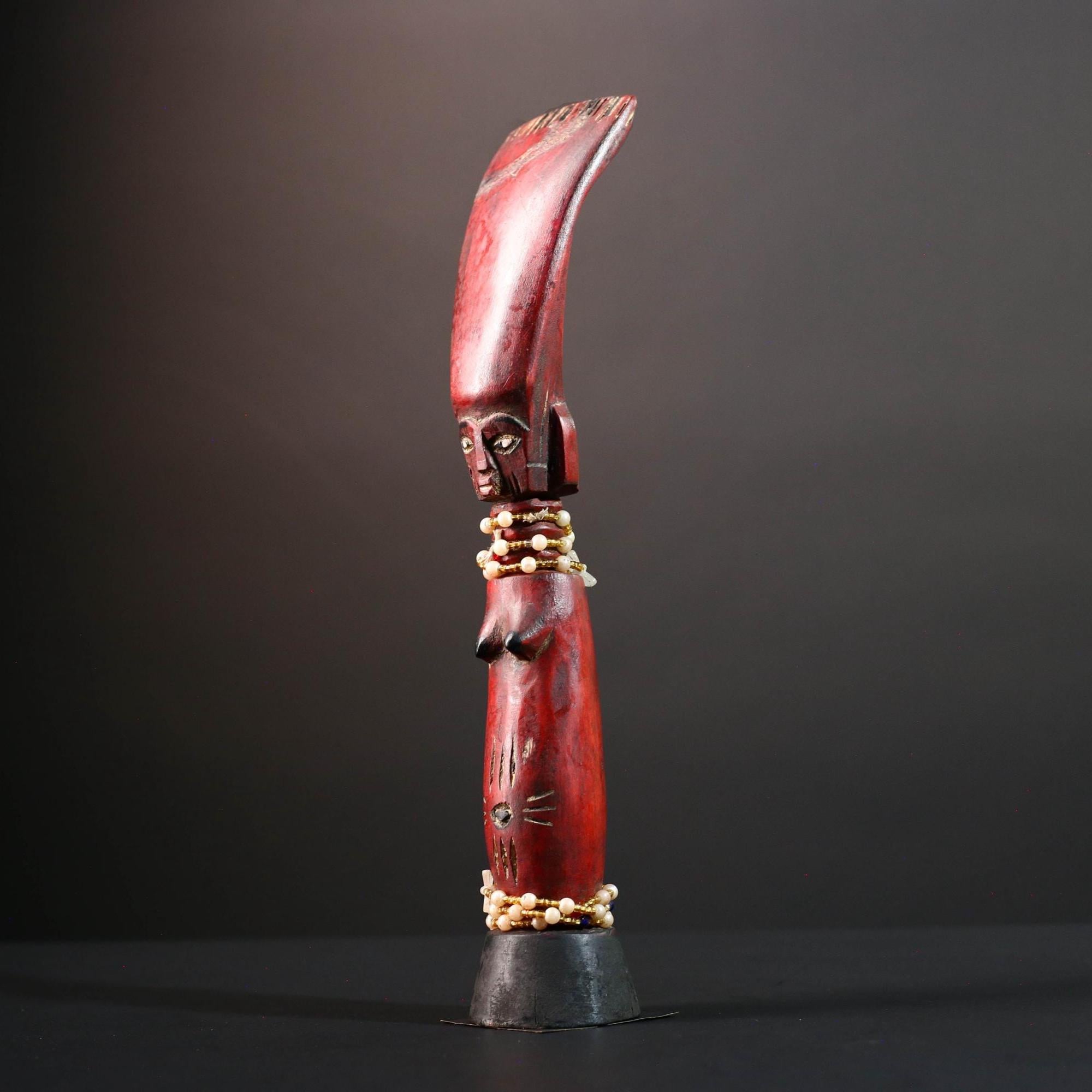African tribal staff sculpture Chokwe red carved figure with beads spiritual female form ritual carving African wall display art- G5555