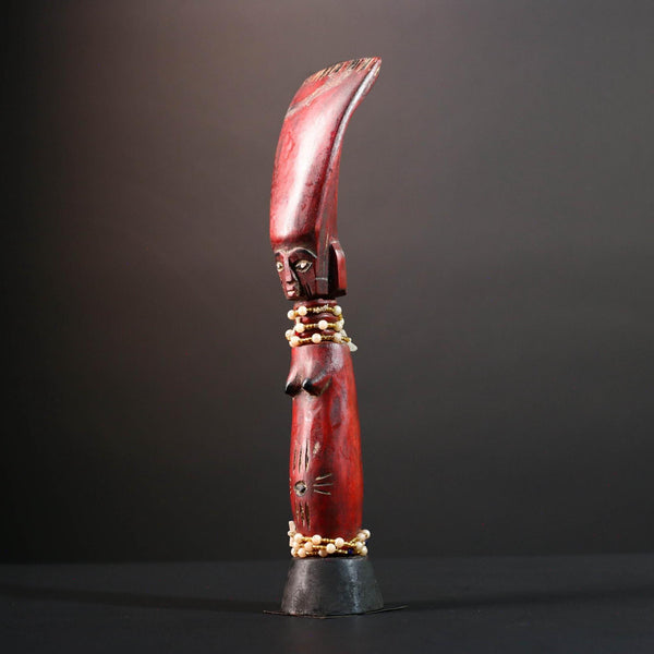 African tribal staff sculpture Chokwe red carved figure with beads spiritual female form ritual carving African wall display art- G5555