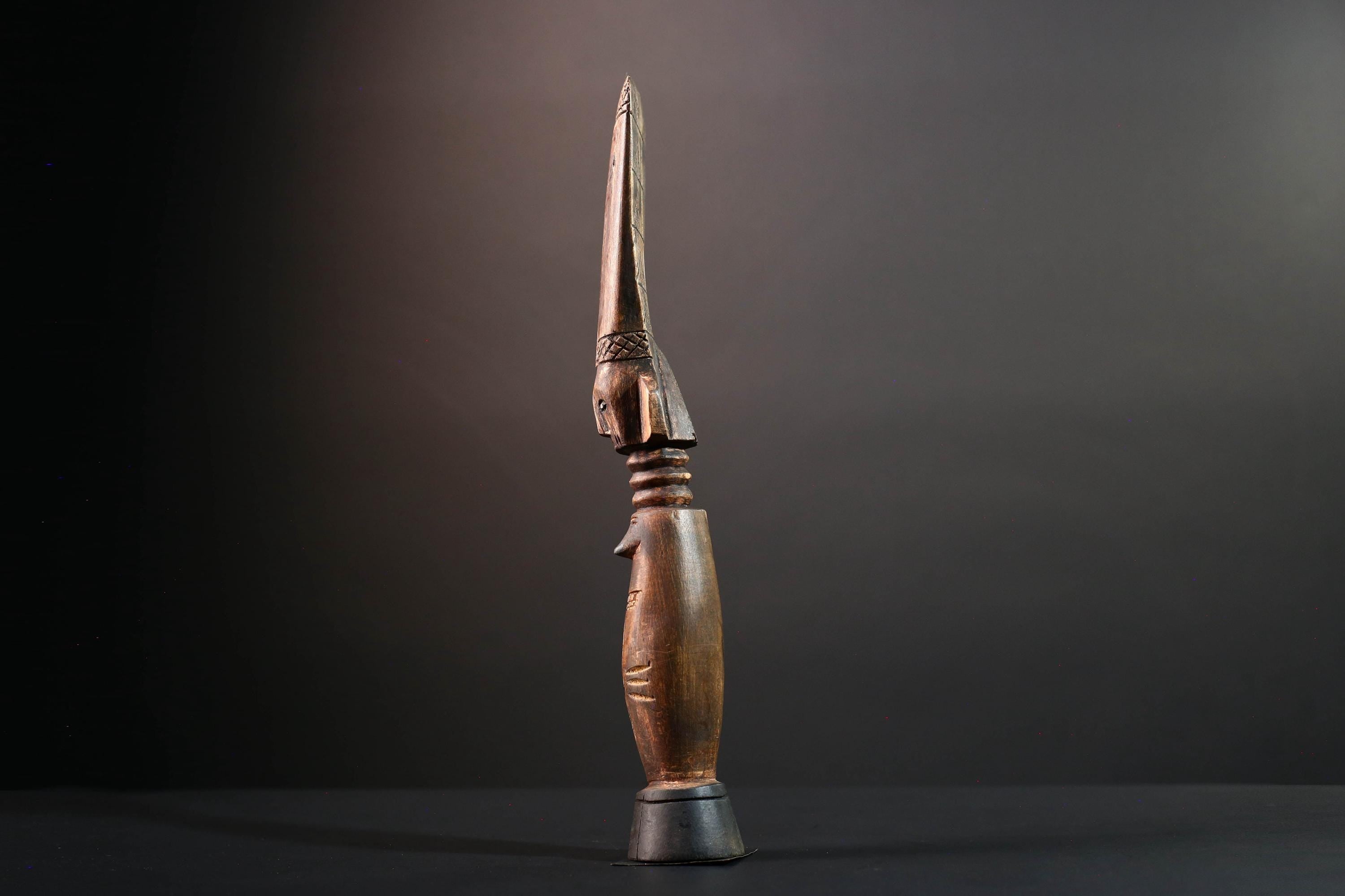 African female figure sculpture Luba carved staff with crest tribal memory symbol art wooden spiritual carving African home decor-G5554
