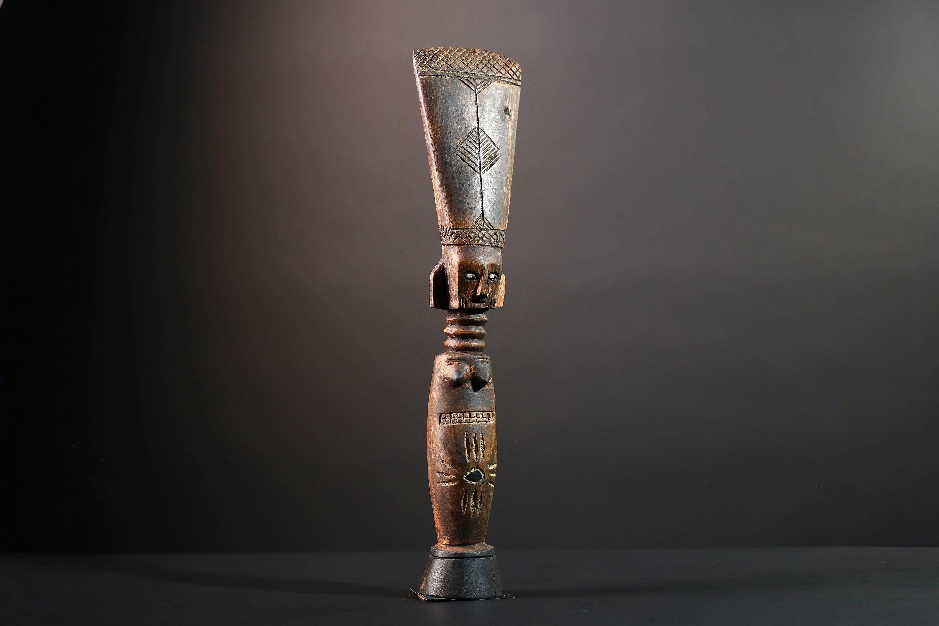 African female figure sculpture Luba carved staff with crest tribal memory symbol art wooden spiritual carving African home decor-G5554