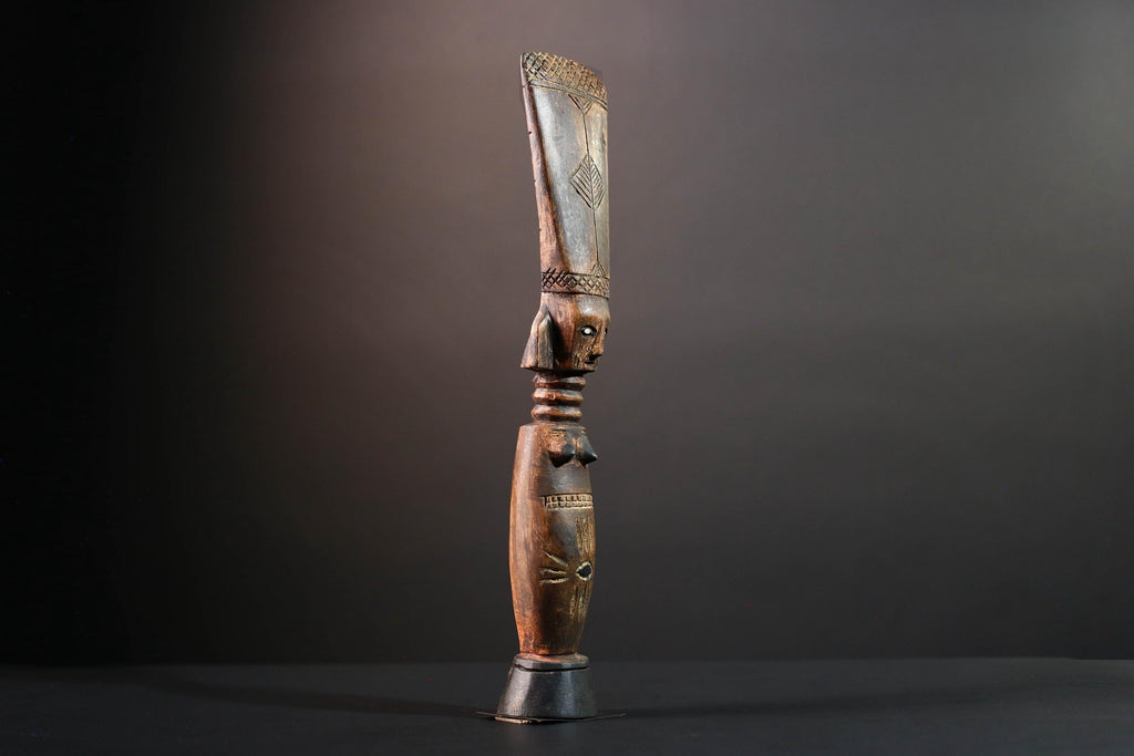 African female figure sculpture Luba carved staff with crest tribal memory symbol art wooden spiritual carving African home decor-G5554
