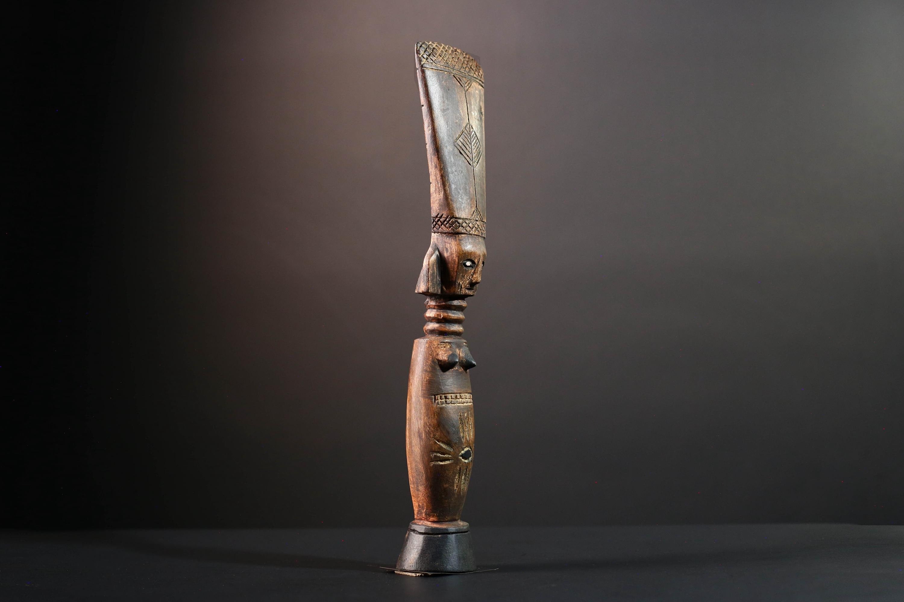 African female figure sculpture Luba carved staff with crest tribal memory symbol art wooden spiritual carving African home decor-G5554