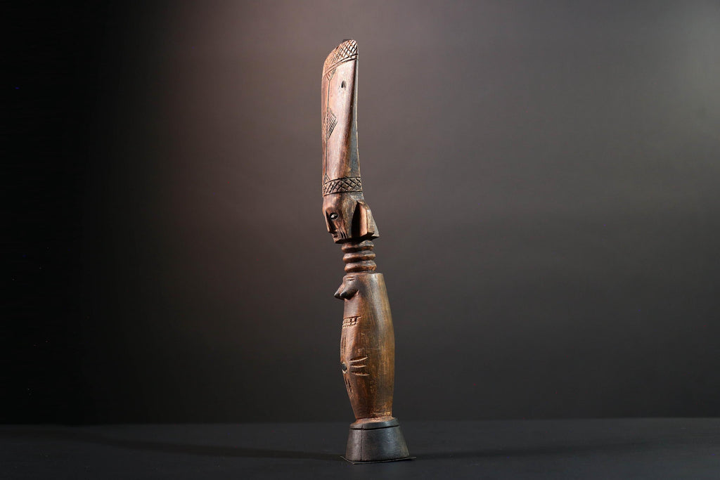 African female figure sculpture Luba carved staff with crest tribal memory symbol art wooden spiritual carving African home decor-G5554