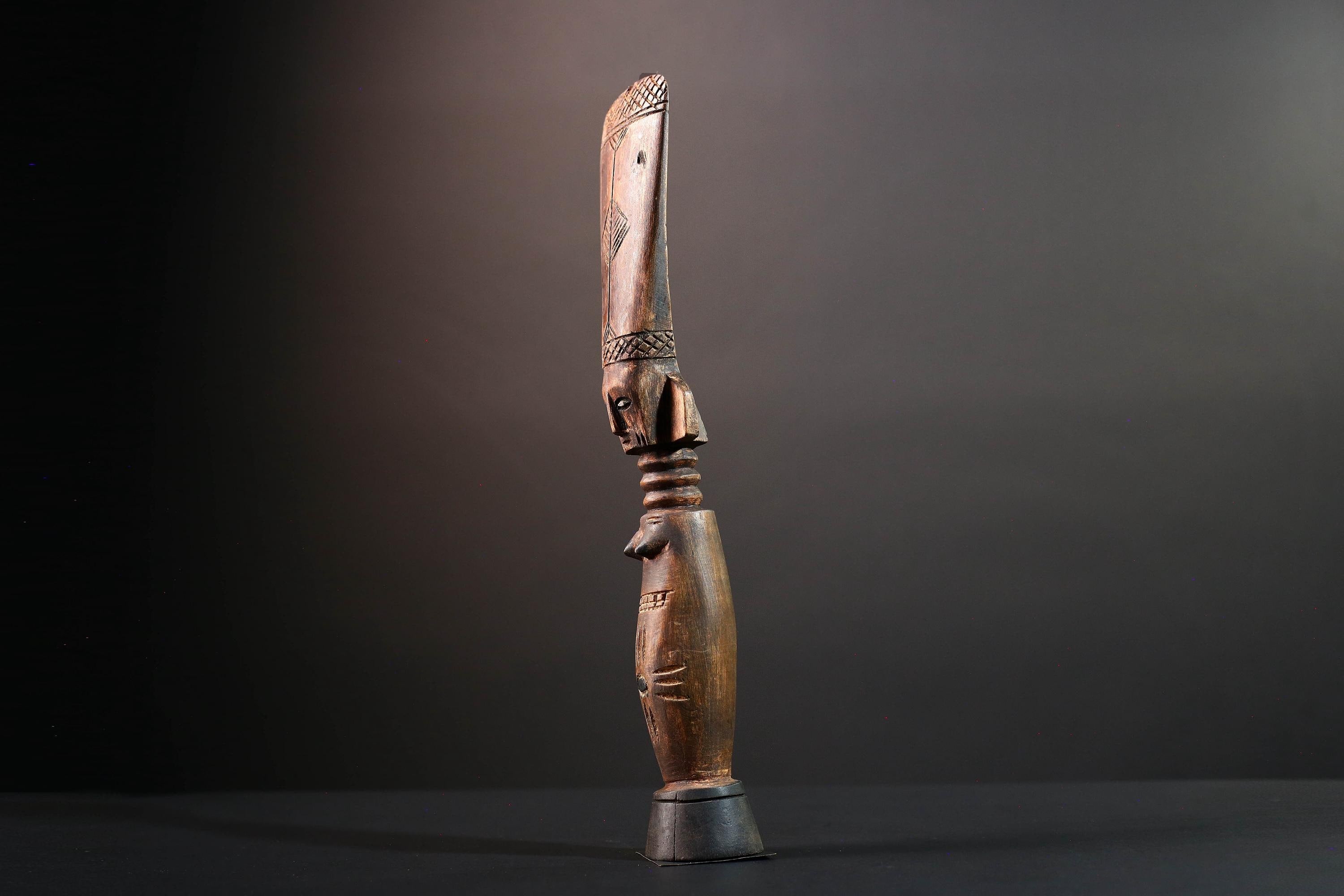African female figure sculpture Luba carved staff with crest tribal memory symbol art wooden spiritual carving African home decor-G5554
