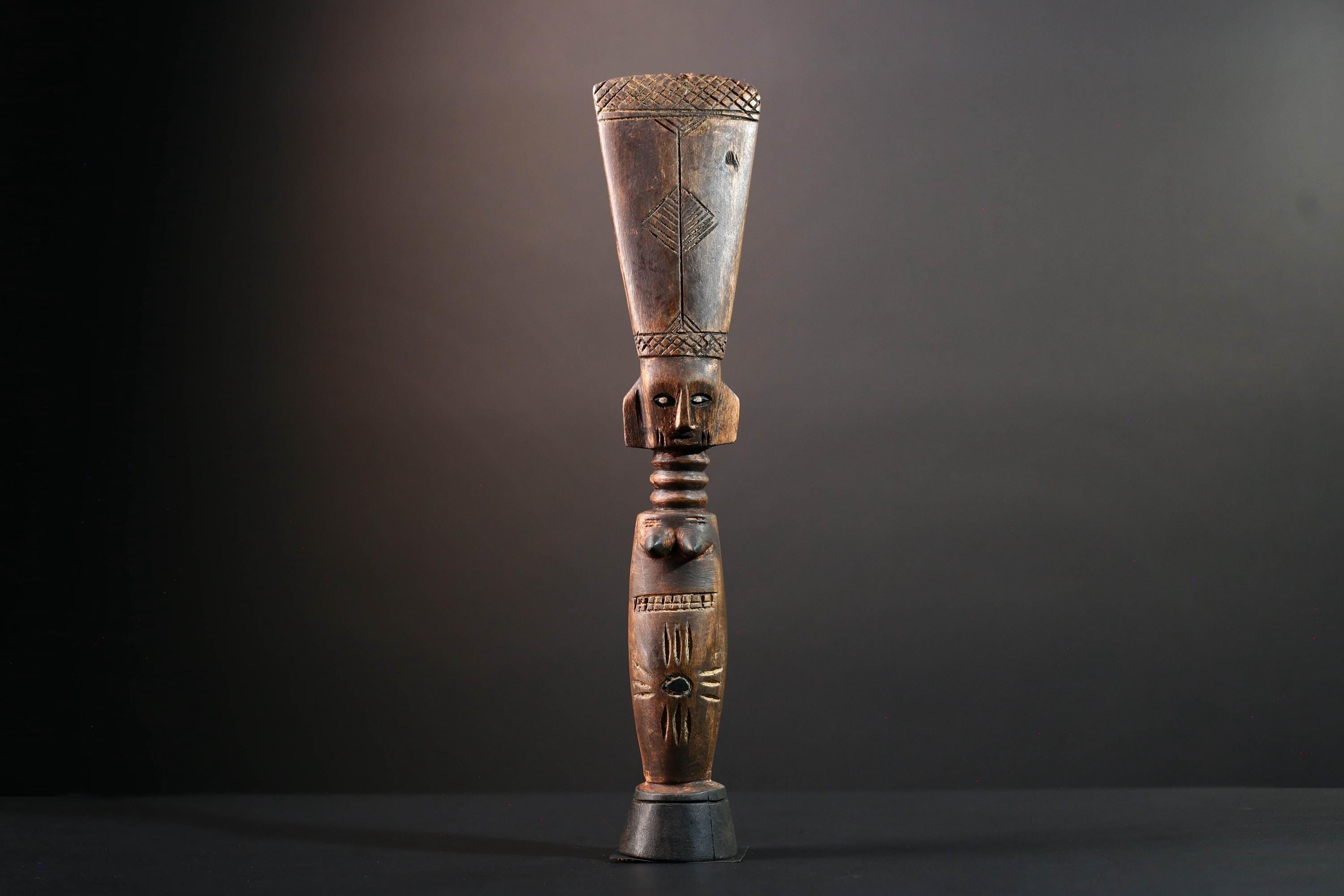African female figure sculpture Luba carved staff with crest tribal memory symbol art wooden spiritual carving African home decor-G5554