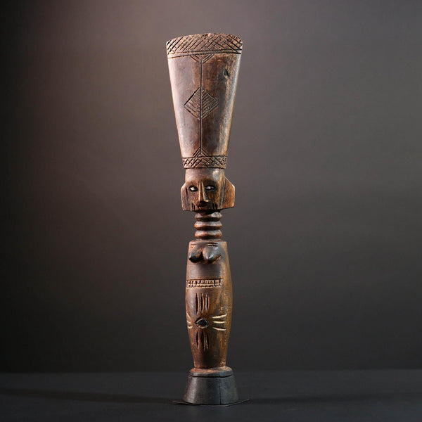 African female figure sculpture Luba carved staff with crest tribal memory symbol art wooden spiritual carving African home decor-G5554