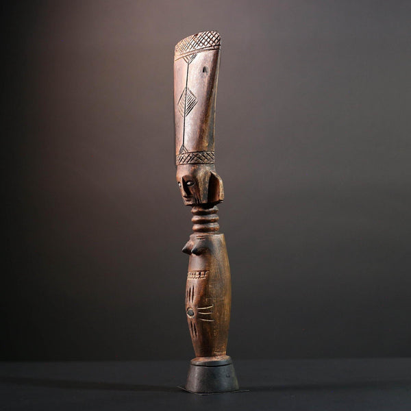 African female figure sculpture Luba carved staff with crest tribal memory symbol art wooden spiritual carving African home decor-G5554