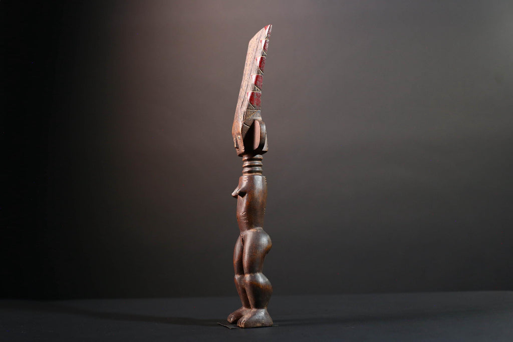 African female ancestor statue Luba carved standing figure with red crest tribal scarification memory carving African cultural art-G5553