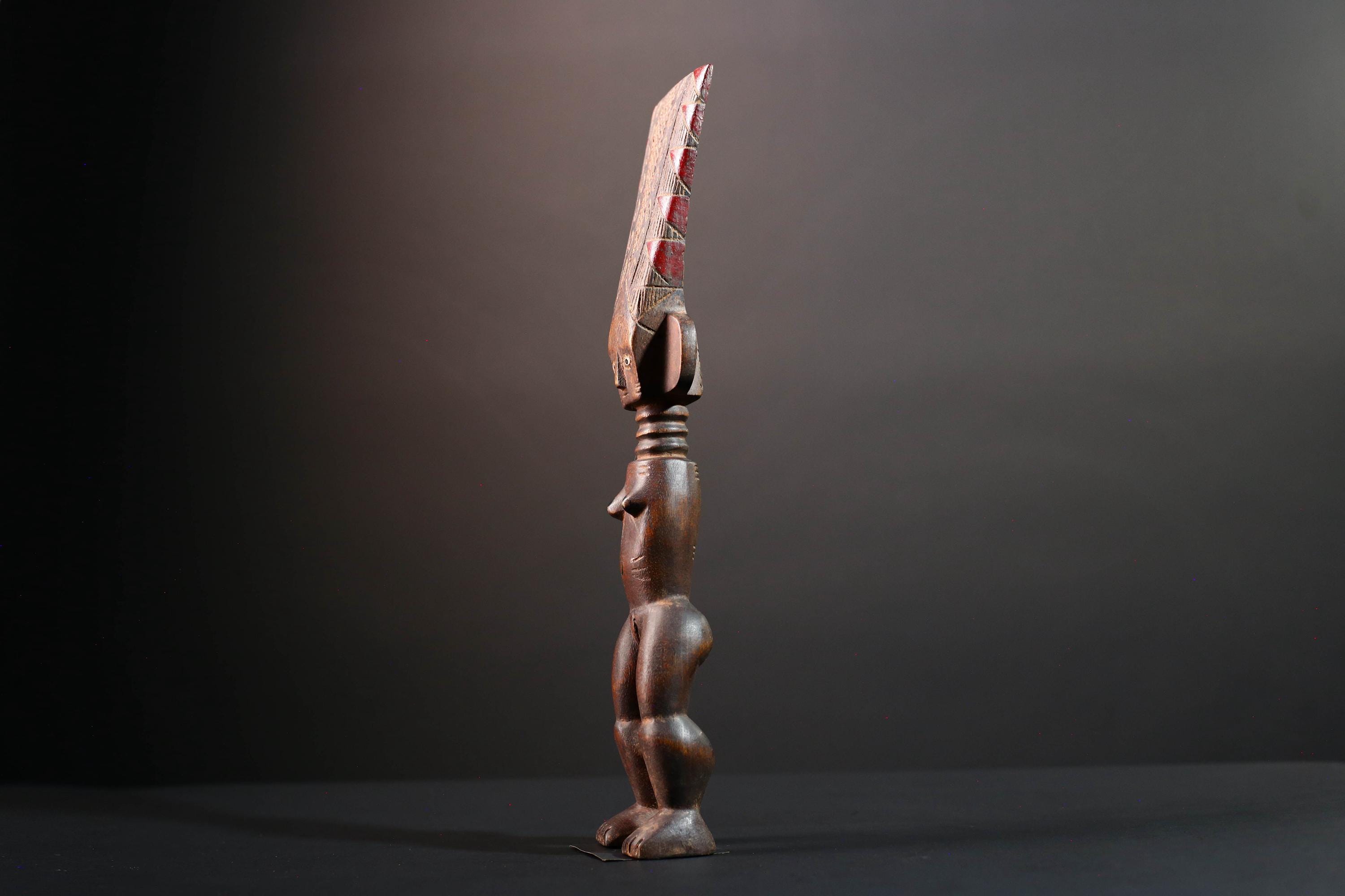 African female ancestor statue Luba carved standing figure with red crest tribal scarification memory carving African cultural art-G5553