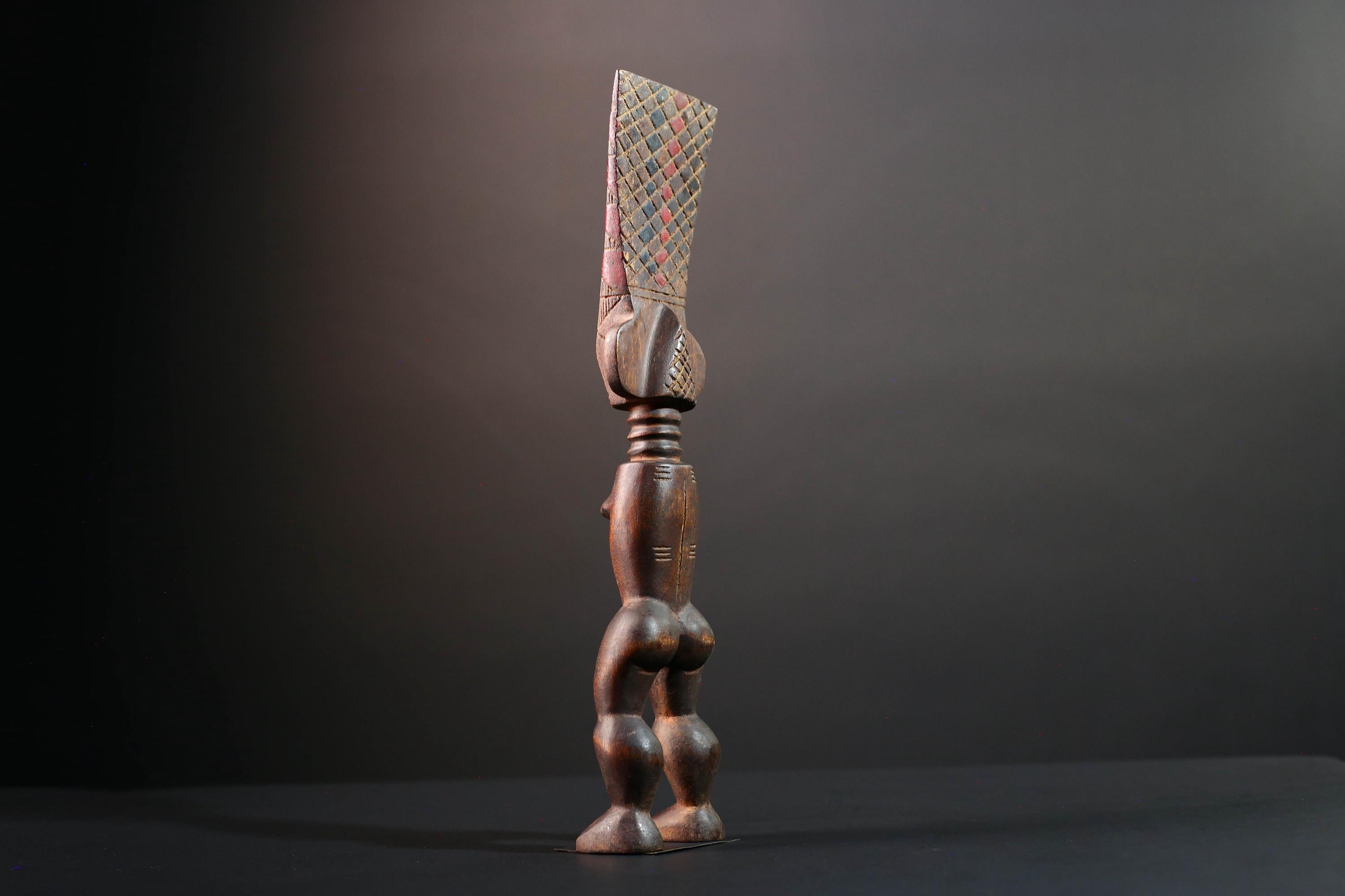 African female ancestor statue Luba carved standing figure with red crest tribal scarification memory carving African cultural art-G5553