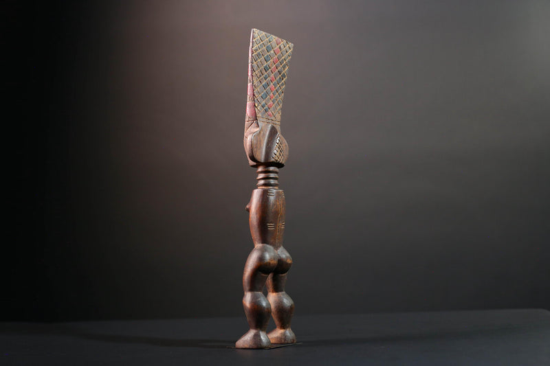 African female ancestor statue Luba carved standing figure with red crest tribal scarification memory carving African cultural art-G5553