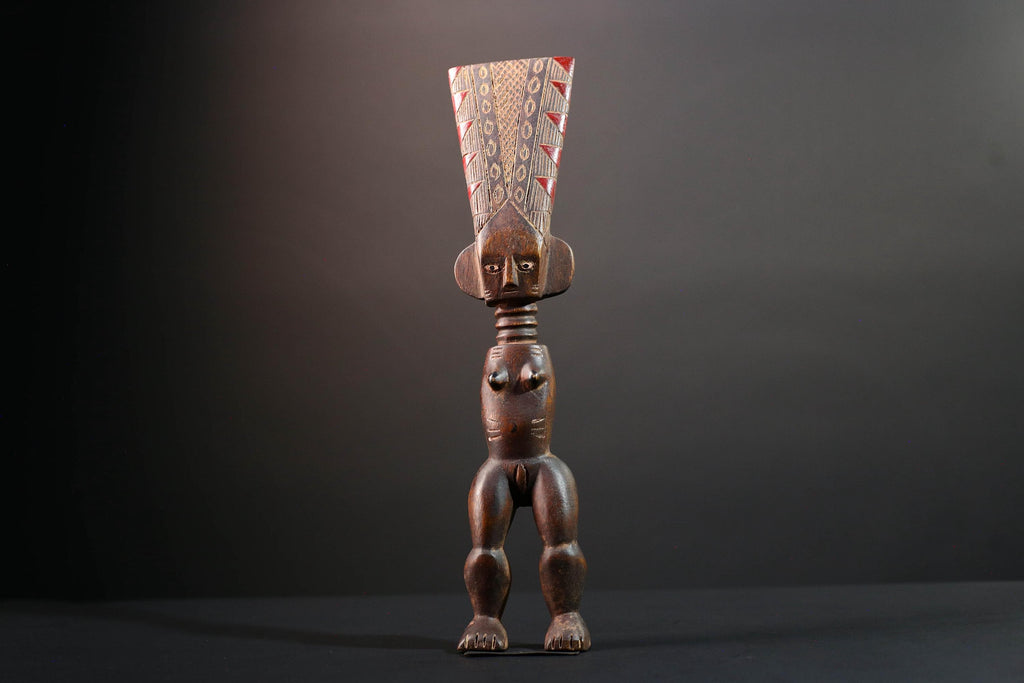 African female ancestor statue Luba carved standing figure with red crest tribal scarification memory carving African cultural art-G5553