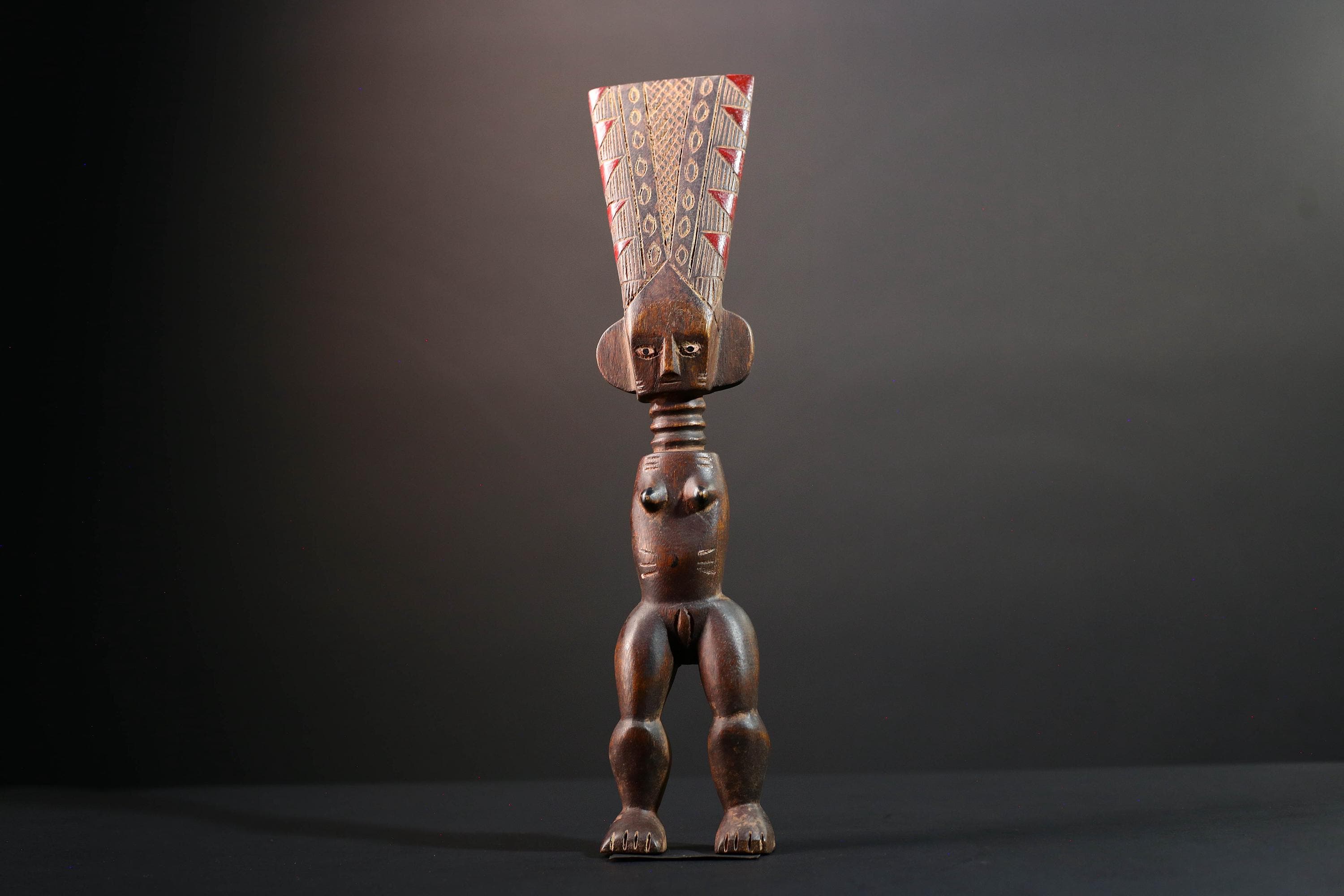 African female ancestor statue Luba carved standing figure with red crest tribal scarification memory carving African cultural art-G5553