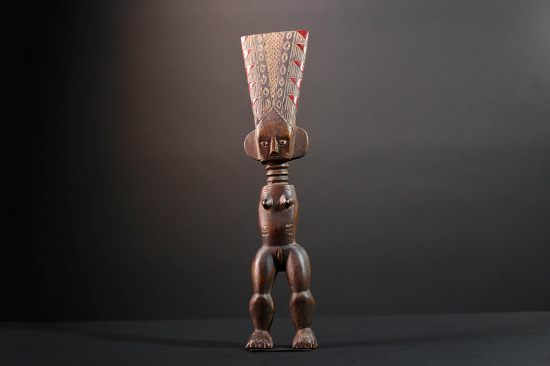 African female ancestor statue Luba carved standing figure with red crest tribal scarification memory carving African cultural art-G5553