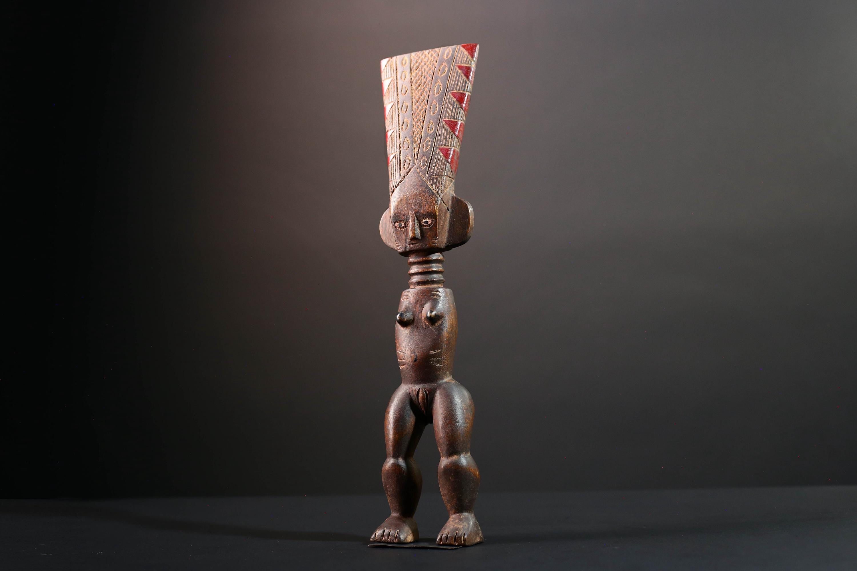 African female ancestor statue Luba carved standing figure with red crest tribal scarification memory carving African cultural art-G5553