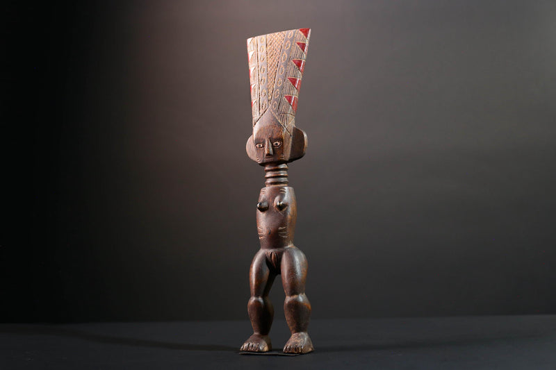 African female ancestor statue Luba carved standing figure with red crest tribal scarification memory carving African cultural art-G5553