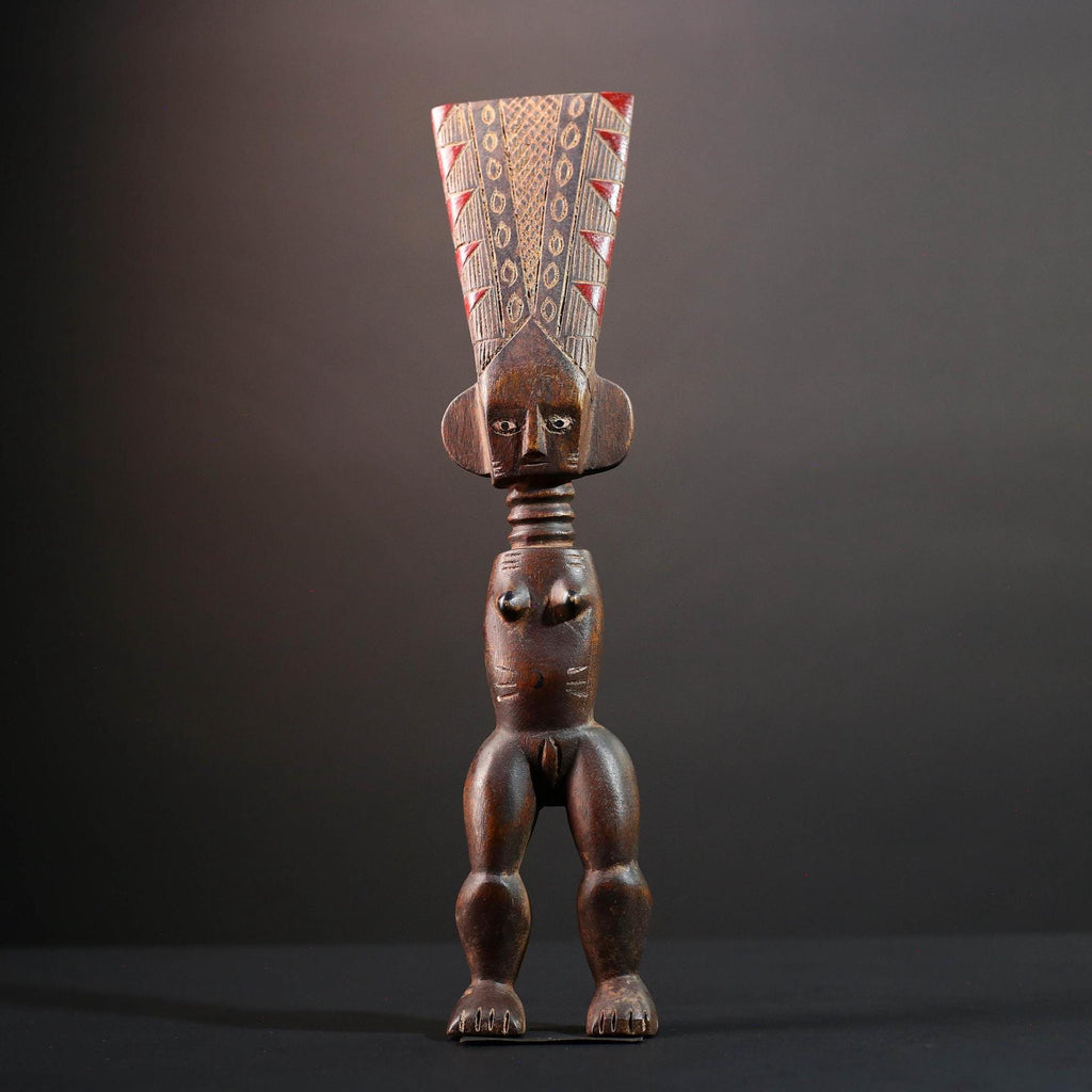 African female ancestor statue Luba carved standing figure with red crest tribal scarification memory carving African cultural art-G5553
