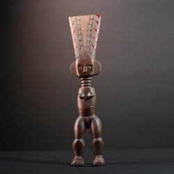African female ancestor statue Luba carved standing figure with red crest tribal scarification memory carving African cultural art-G5553