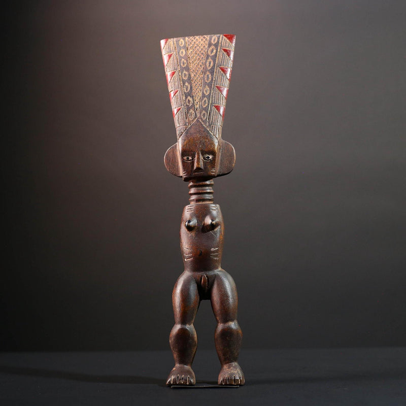 African female ancestor statue Luba carved standing figure with red crest tribal scarification memory carving African cultural art-G5553