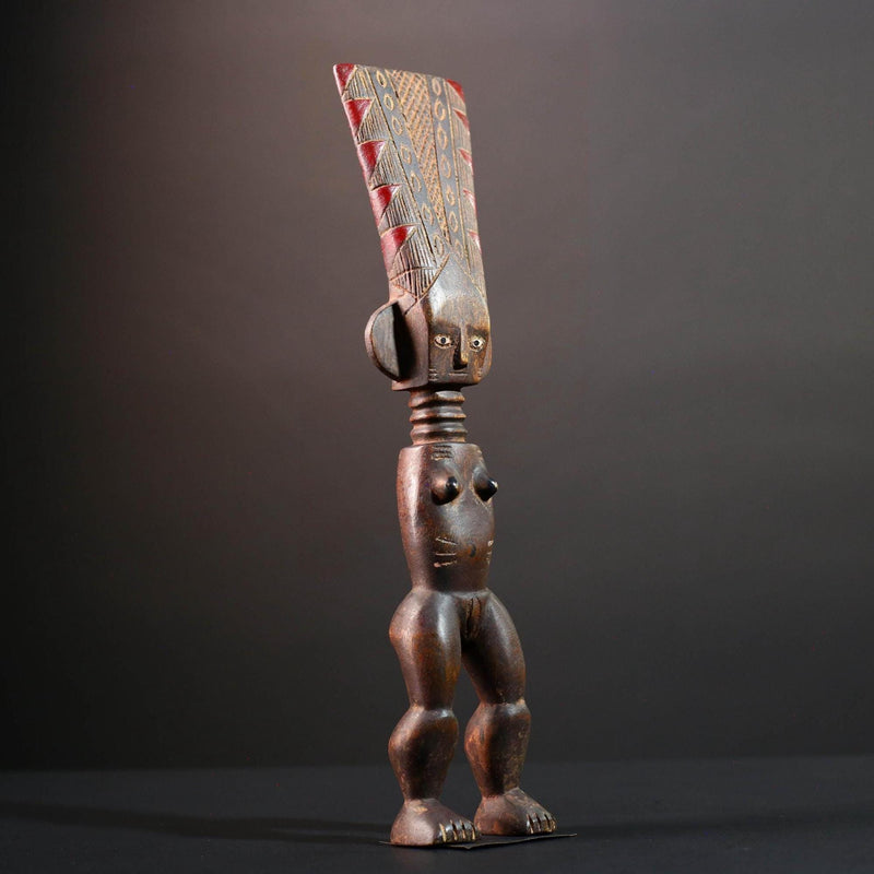 African female ancestor statue Luba carved standing figure with red crest tribal scarification memory carving African cultural art-G5553