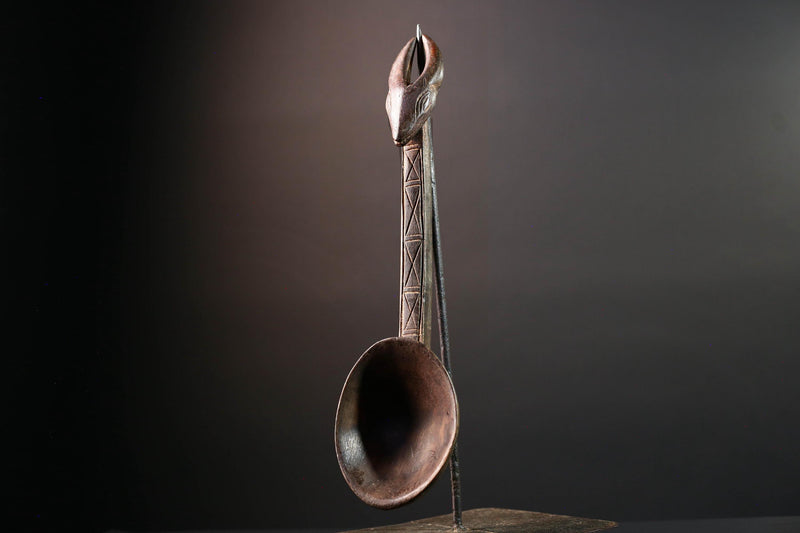 African ceremonial spoon Dan carving with horned animal head long handle tribal prestige ladle art wooden decorative African utensil-G5552